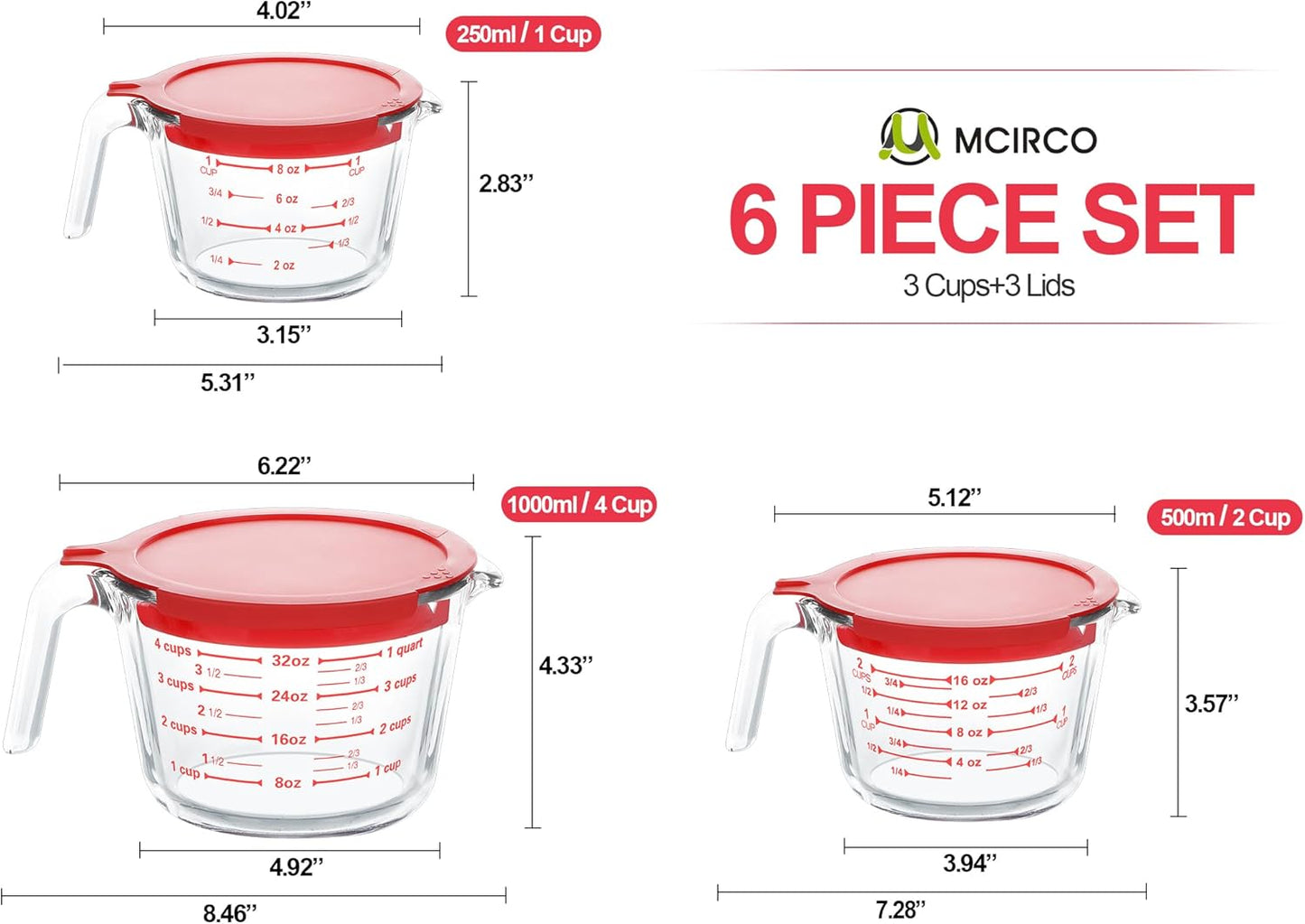 M MCIRCO 6 Pcs Glass Measuring Cups with Lids Set, 1-Cup, 2-Cup, 4-Cup Measuring Jugs with Handle, Nesting Liquid Measuring Cups for Kitchen