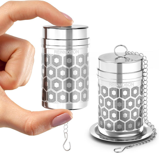 2 Pack Reinmoson Mini Tea Strainers for Loose Tea, Extra Fine Mesh Tea Infuser, 304 Stainless Steel & Updated Slim Threaded Lid, Loose Leaf Tea Steeper for Black Tea, Rooibos, etc