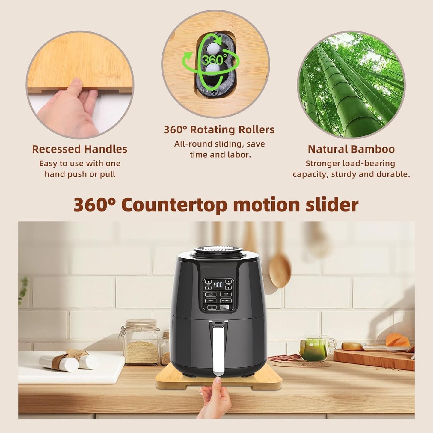 360° Rolling Tray Bamboo Appliance Slider, Appliance Sliders for Kitchen Appliances Sliding Tray for Coffee Maker Appliances Mat Easily from Under The Cabinet Natural(13.9"×9.4")