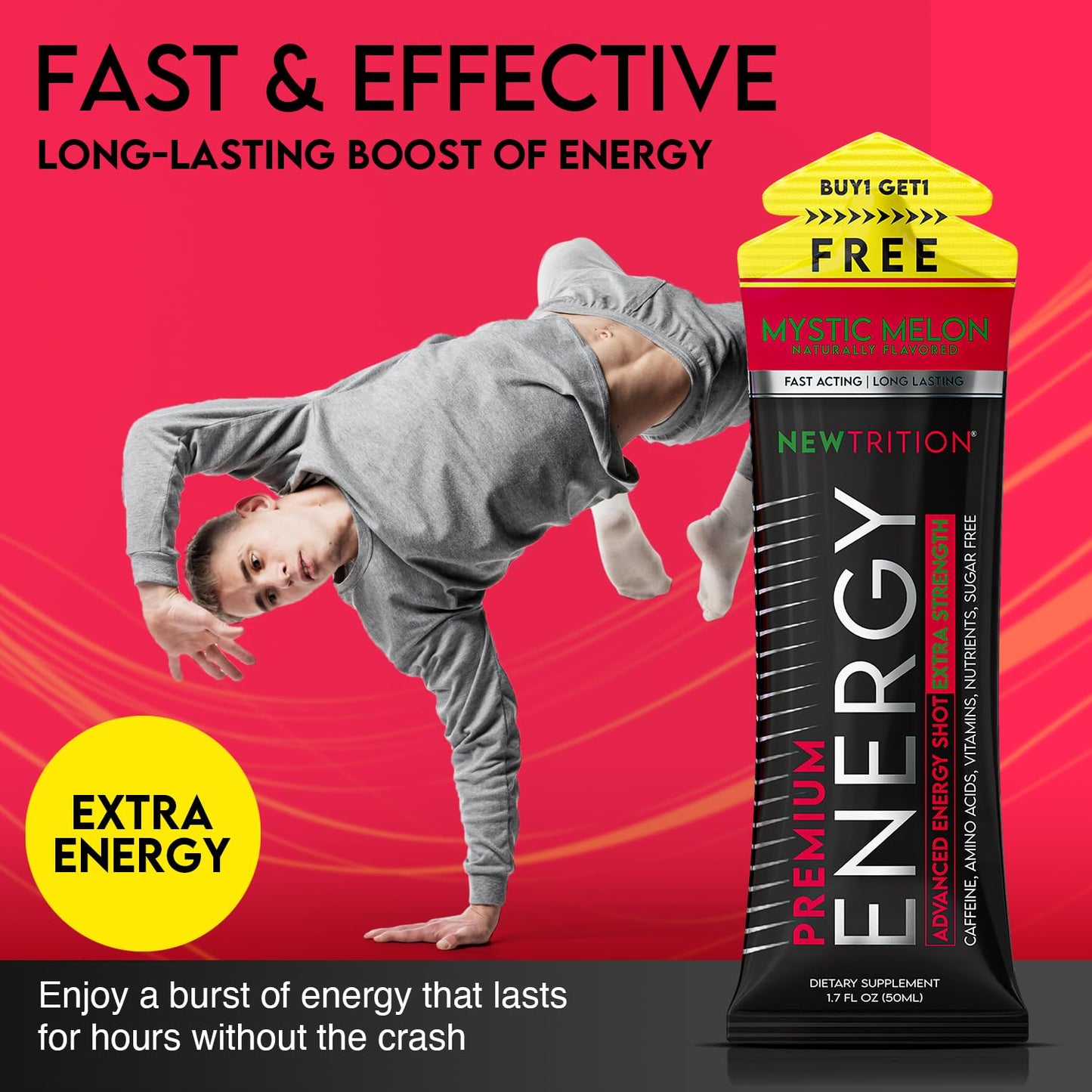 NewTrition® Extra Strength Energy Shots, 250mg Caffeine Energy Shots with Vitamin B & Amino Acids, Sugar-Free Vitamin Energy Shot, 1.7 fl oz (Pack of 12, Mystic Melon)