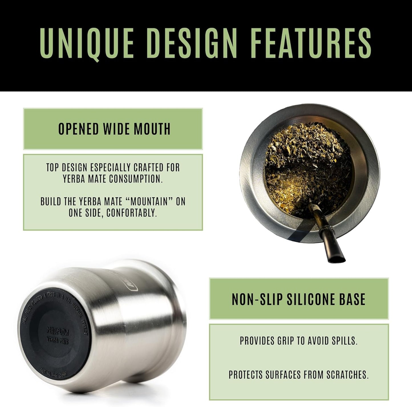 MADFLOW Yerba Mate Cup. Stainless Steel Mate Cup with 2 Bombillas. Double Wall Vacuum Insulated Yerba Mate Gourd. Unique Mate Cup And Bombilla Set