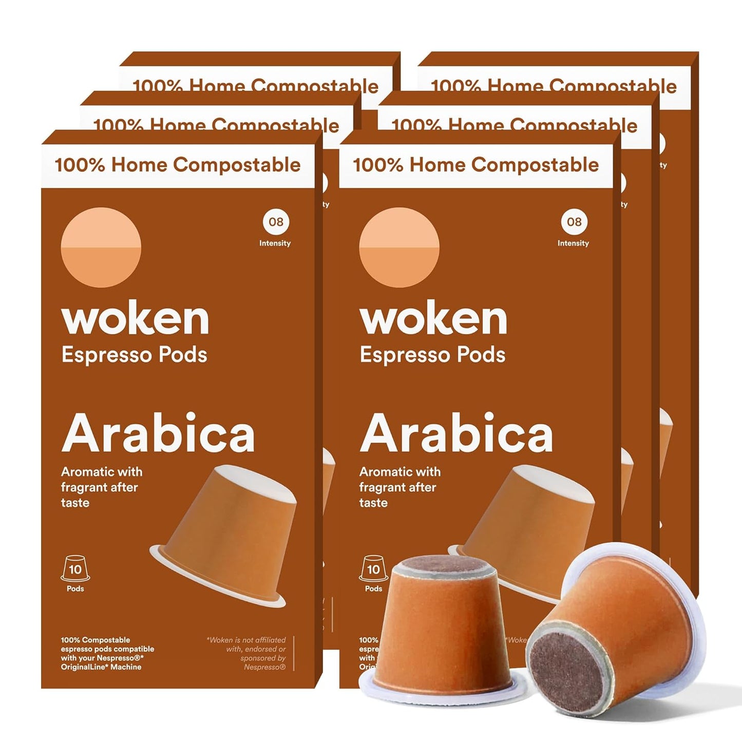 WOKEN COFFEE Compostable Nespresso Pods - Arabica Medium Roast Italian Espresso Coffee Capsules Compatible With Nespresso Coffee Machine (60 Pod Count, 6 Boxes)