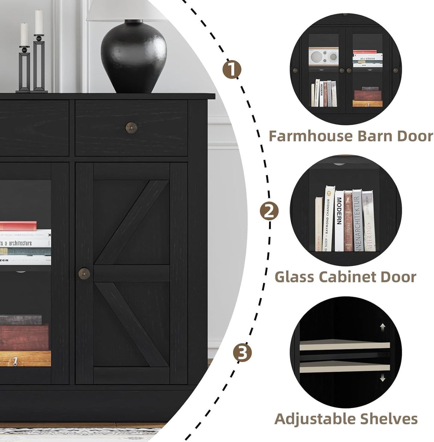 4 EVER WINNER 55" Coffee Bar with 4 Glass Doors and 3 Drawers, Sideboard Buffet Cabinet with Storage, Farmhouse Coffee Bar Cabinet with Adjustable Shelves for Kitchen, Dining Room, Black