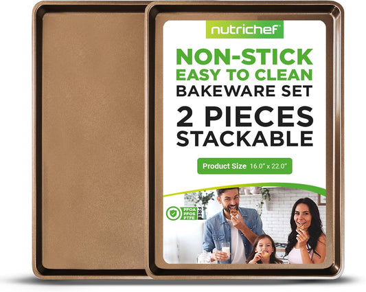 NutriChef 2-Piece Nonstick XL Cookie Sheets for Baking - 22" x 16" Extra Large Carbon Steel Oven Baking Trays - Non Stick Coating, Stackable Baking Pans, NCLGBP28