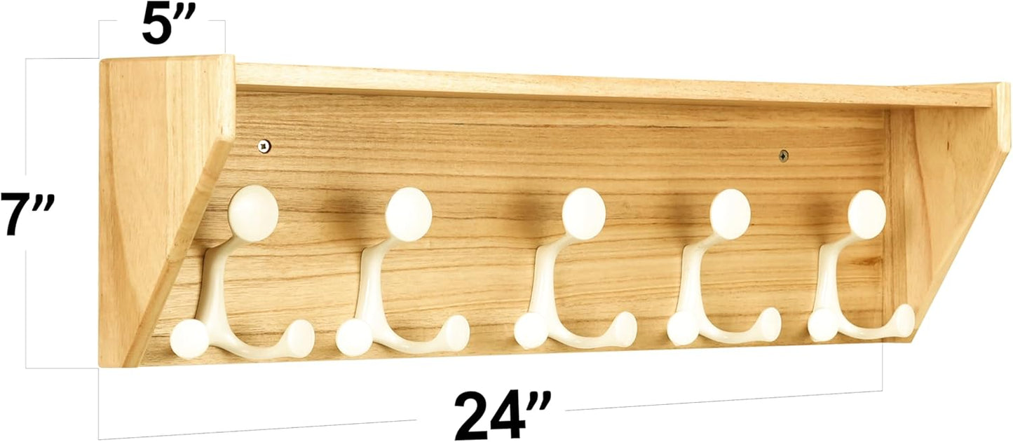 SKOLOO Wall Shelf with Hooks, 24-Inch Coat Rack Wall Mount with Shelf Organizer - Lightweight & Sturdy, 5 Tri Hooks - Perfect for Entryway, Hallway, Living Room, Bedroom, Mudroom, Natural & White