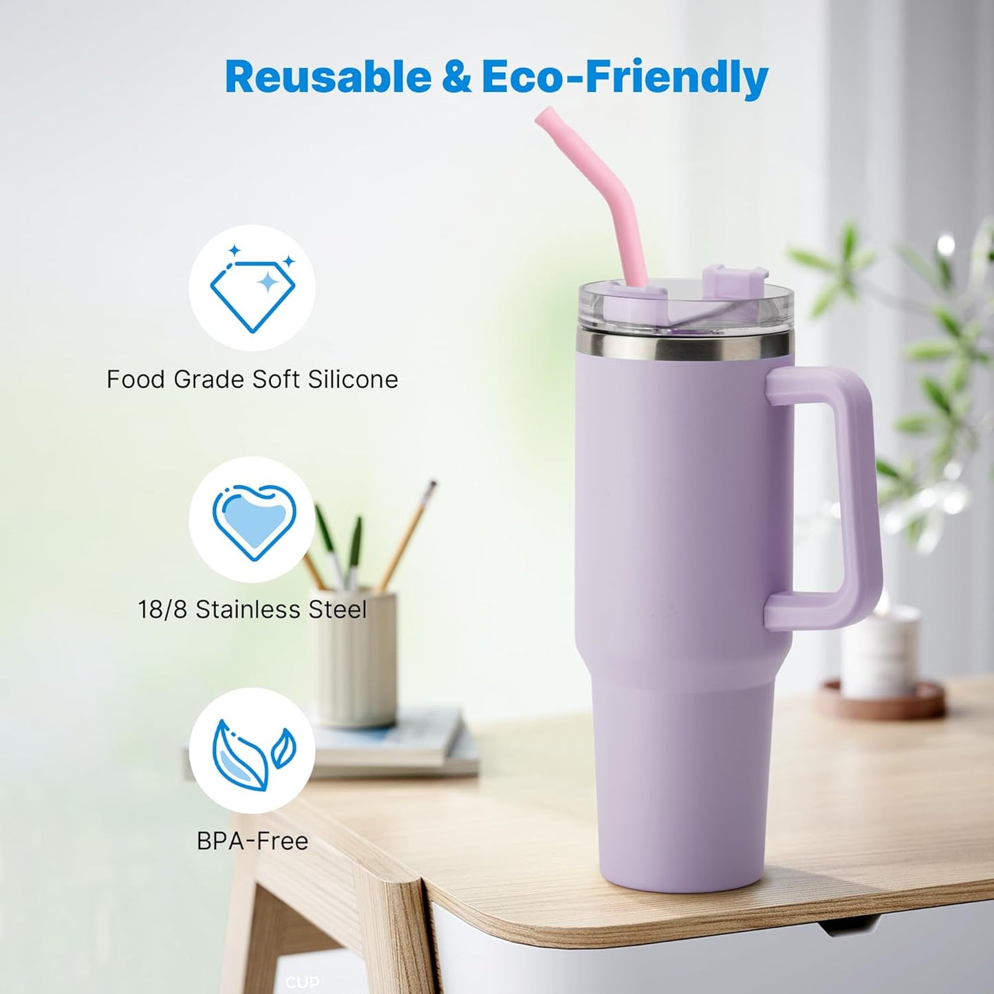 Repeatable Metal Straw with Silicone Tips for 30 oz Stanley Tumbler, 2 Pcs 30 oz Stainless Steel Straws Replacement for Stanley Tumbler, 1 Straw Brush, BPA Free（Mallow Purple）