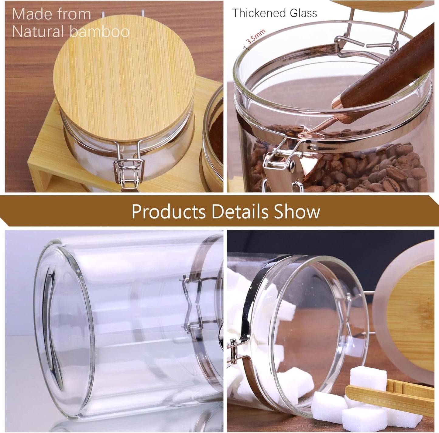 Glass Coffee Sugar Storage Jars with Bamboo Shelf and Spoon for Kitchen Counter,Sealed Glass Containers for Loose Leaf Tea,Coffee Bean,Ground Coffee,Brown Sugar,27 Fluid-oz