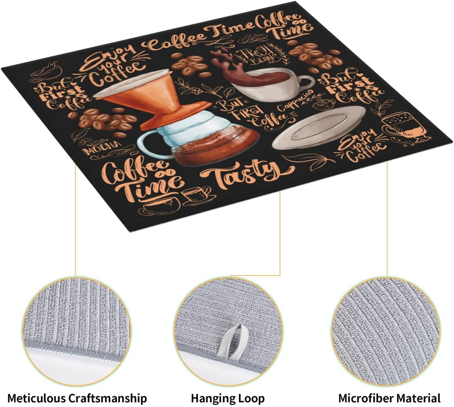 Fun Coffee Dish Drying Mat, Highly Absorbent Microfiber Kitchen Counter Pad Reusable Washable, 16*18"
