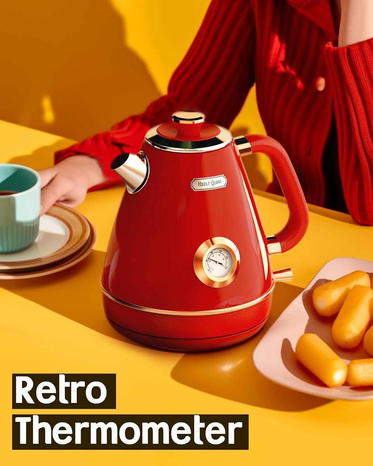 Hazel Quinn Retro Electric Kettle - 1.7 Liters / 57.5 Ounces Tea Kettle with Thermometer, All Stainless Steel, Fast Boiling 1200 W, BPA-free, Cordless, Rotational Base, Automatic Shut Off - Ruby Red