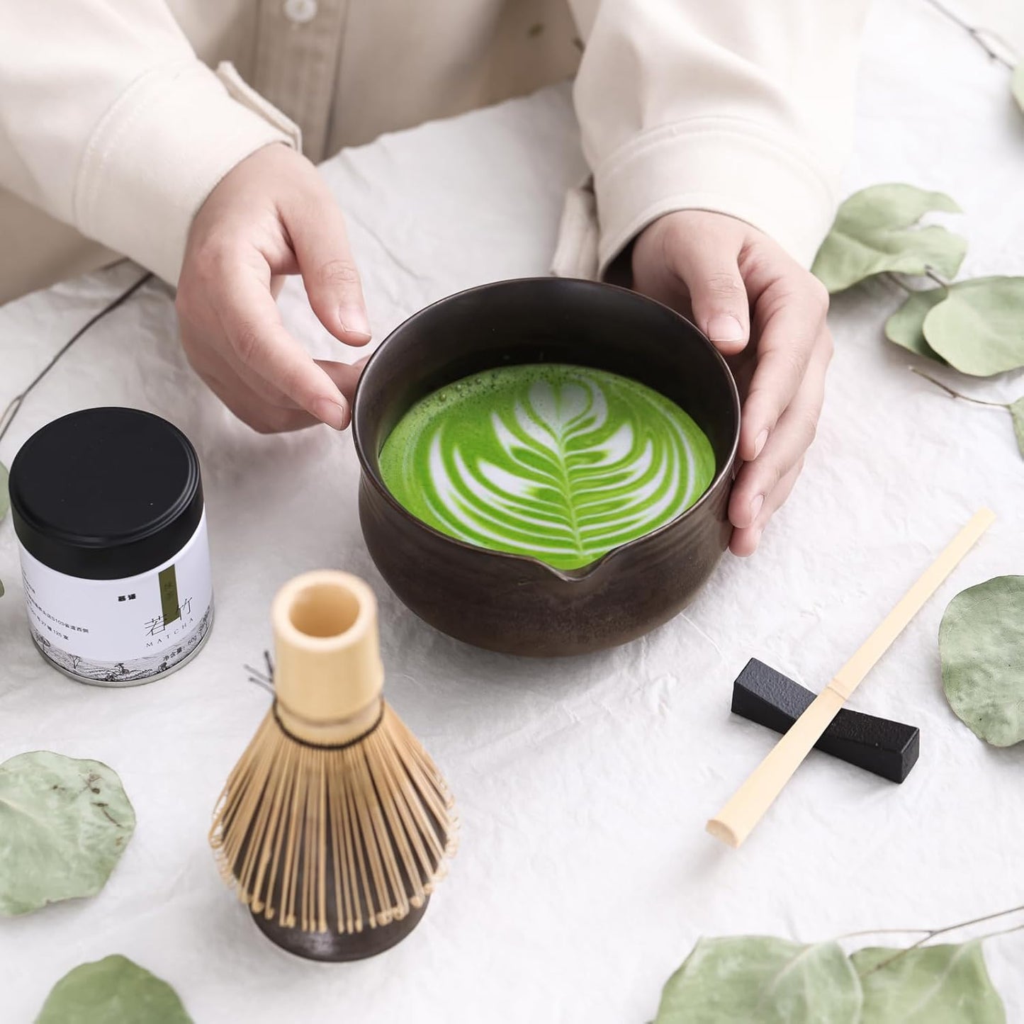 Matcha Set, Japanese Tea Set Includes Matcha Bowl with Spout, Matcha Whisk Holder (chasen), Bamboo Matcha Whisk and Bamboo Scoop, Ceramic Matcha Kit for Tea Lovers