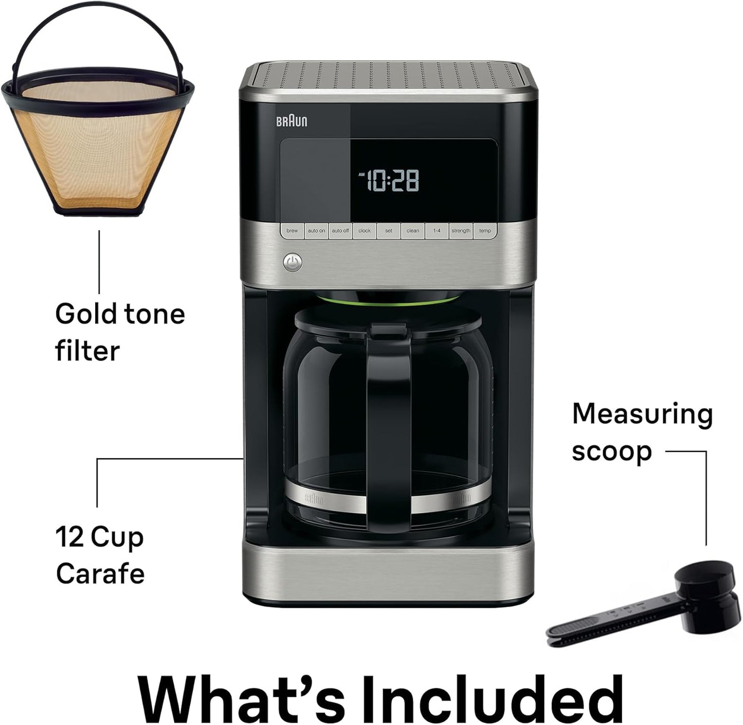 Braun BrewSense 12 Cup Drip Coffee Maker - Pause & Pour Mid Brew, Coffee Machine with 24-Hour Timer & Clock, Bold & Regular Strength, 1-4 Cup Functions, Self Clean, Auto Shutoff, Stainless Steel