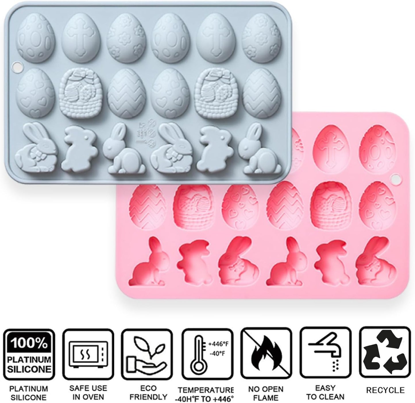 2 Pcs Egg Bunny Silicone Molds, 18-Cavity Baking Molds for DIY Cake Decoration,Chocolate, Pastry, Bread, Ice Cube, Soap, Jello, Easy Release, Reusable
