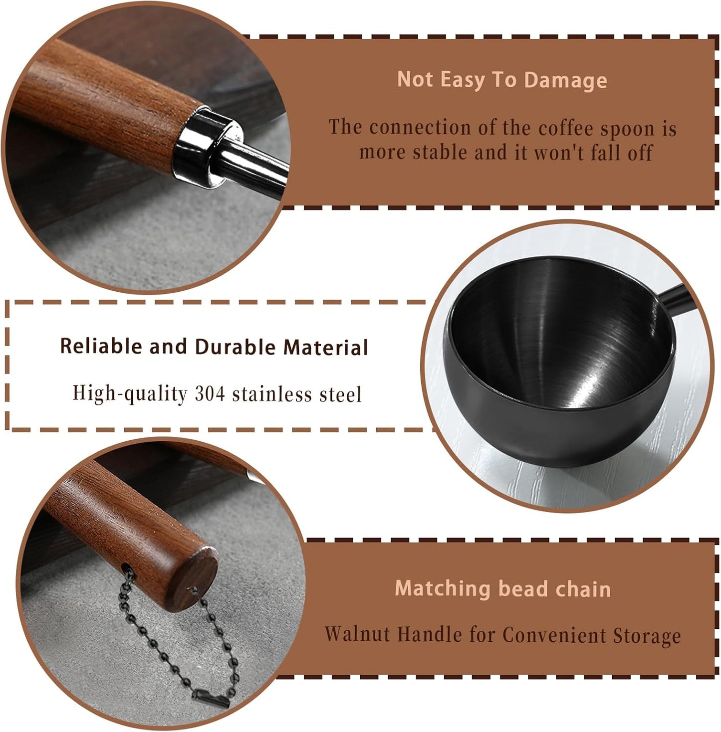 2pcs Vintage Coffee Measuring Spoon， 30ml/10g Capacity Coffee Scoop for Ground Coffee、Coffee Beans and Tea，304 Stainless Steel Coffee Spoons with Long Wooden Handle（Black)