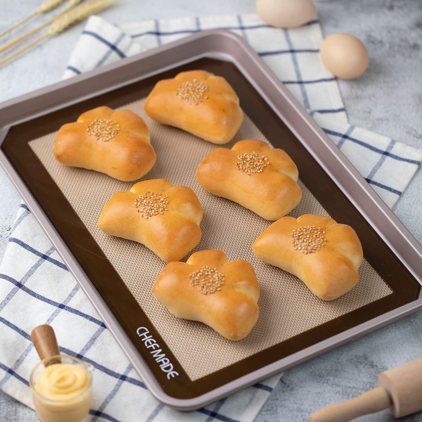 CHEFMADE 15-Inch Silicone Baking Mat with Measurements, Non-stick Heat Resistant Rolling Dough Mat, for Pastry,Pizza, Fondant and Pie Crust Making 9.7" x 14.7" (Brown)