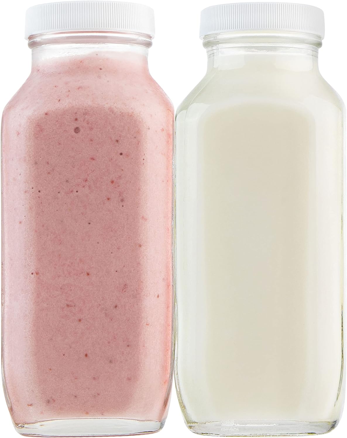 kitchentoolz 16oz Square Glass Milk Bottles with Airtight Plastic Lids – Pack of 4 | Reusable Milk Containers for Fridge & Lunchbox Storage – Ideal for Dairy, Smoothies, Juice, Water & More