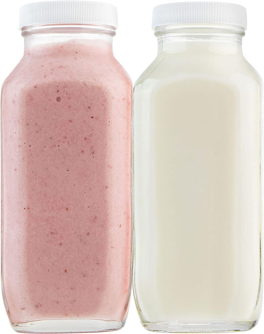kitchentoolz 16oz Square Glass Milk Bottles with Airtight Plastic Lids – Pack of 4 | Reusable Milk Containers for Fridge & Lunchbox Storage – Ideal for Dairy, Smoothies, Juice, Water & More