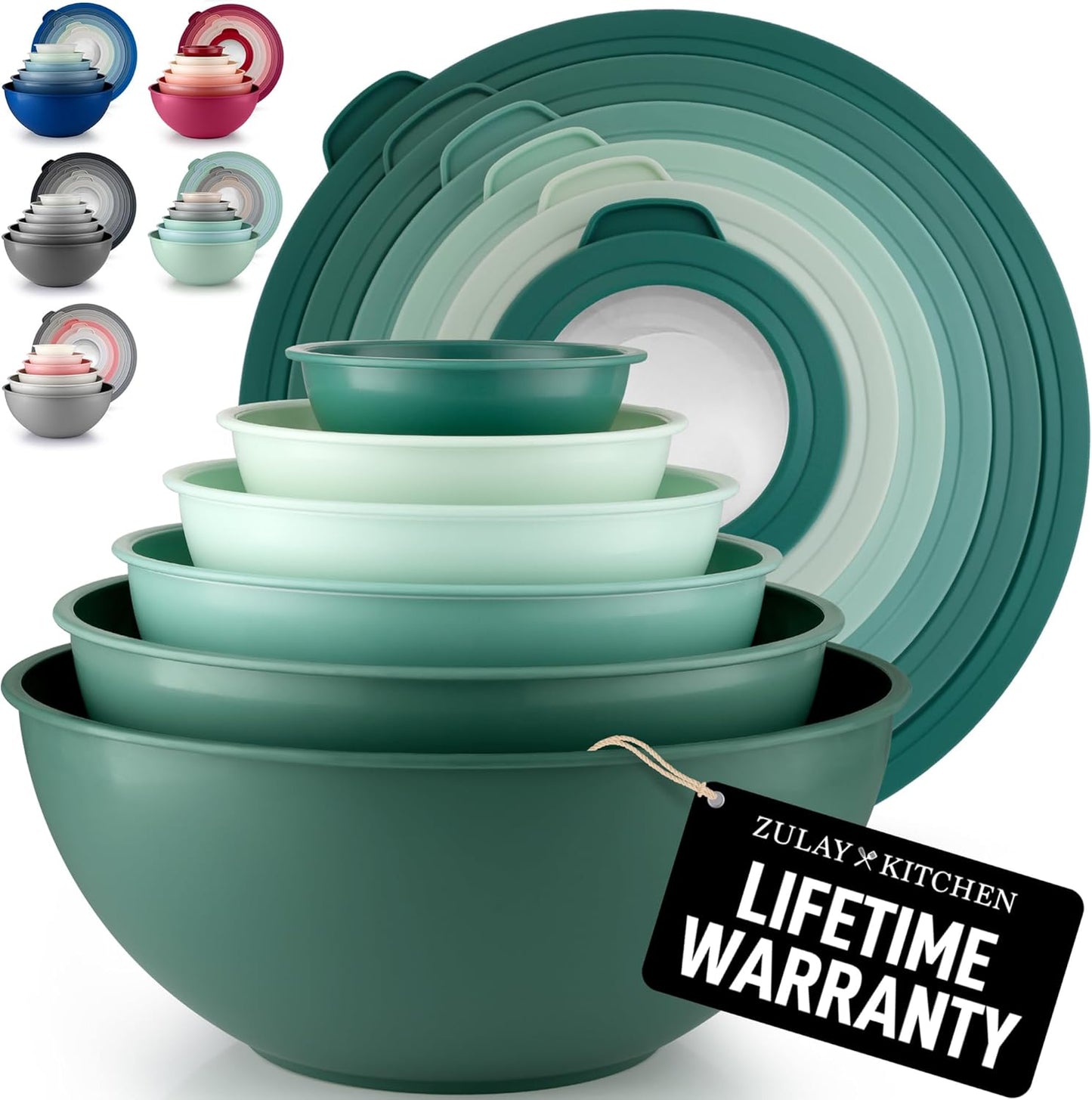 Zulay Kitchen 12-Piece Plastic Mixing Bowl Set - Colorful Nesting Bowls with Lids - Microwave & Freezer Safe (Teal Ombre)