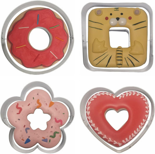 Large Size Donut Design Cookie Cutters Set of 4 pcs, Stainless Steel 4 Shapes Cream-filled Doughnut Fondant Cutter Molds Baking DIY (Round + Square + Heart + Flower)