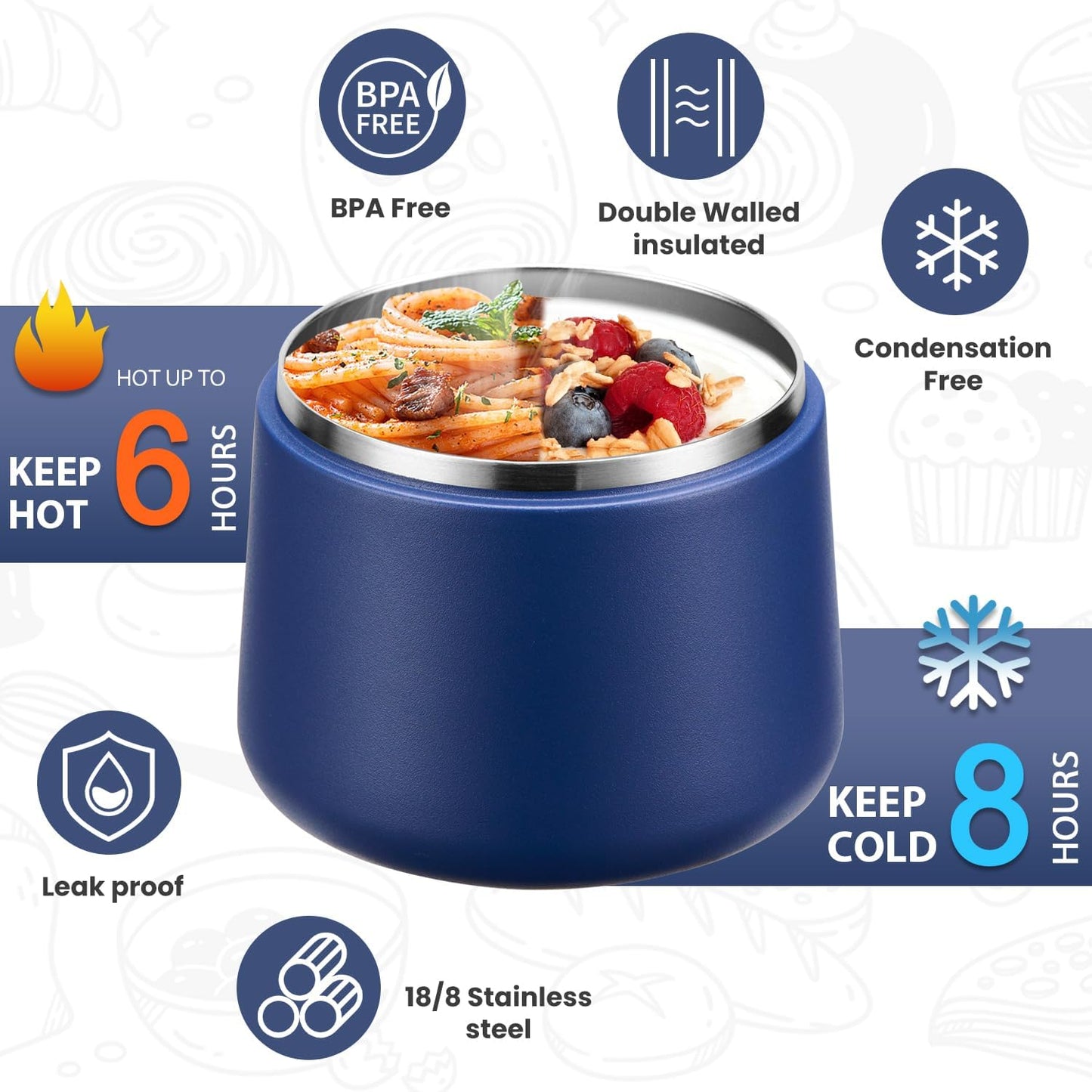 Soup Thermo for Hot Food Kids 14oz Lunch Containers with Buckle Lid Wide Mouth Hot Food Jar Vacuum Insulated Stainless Steel Bento Box Leakproof with Spoon(Blue)