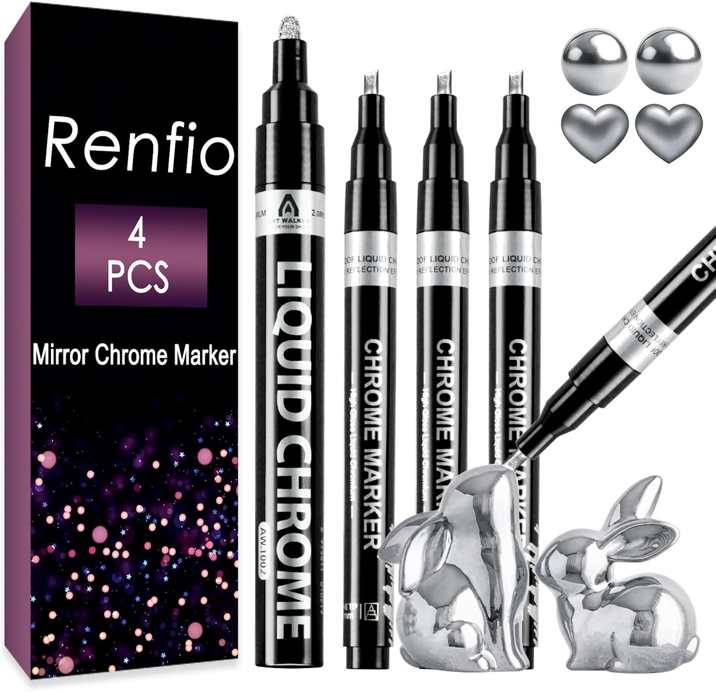 Renfio Silver Chrome Paint Markers, 4Pcs Silver Liquid Chrome Metallic Markers Mirror Repair Liquid Metallic Resin Pen for Epoxy Resin Repairing Model Painting Resin DIY Craft Coloring (1-3mm)