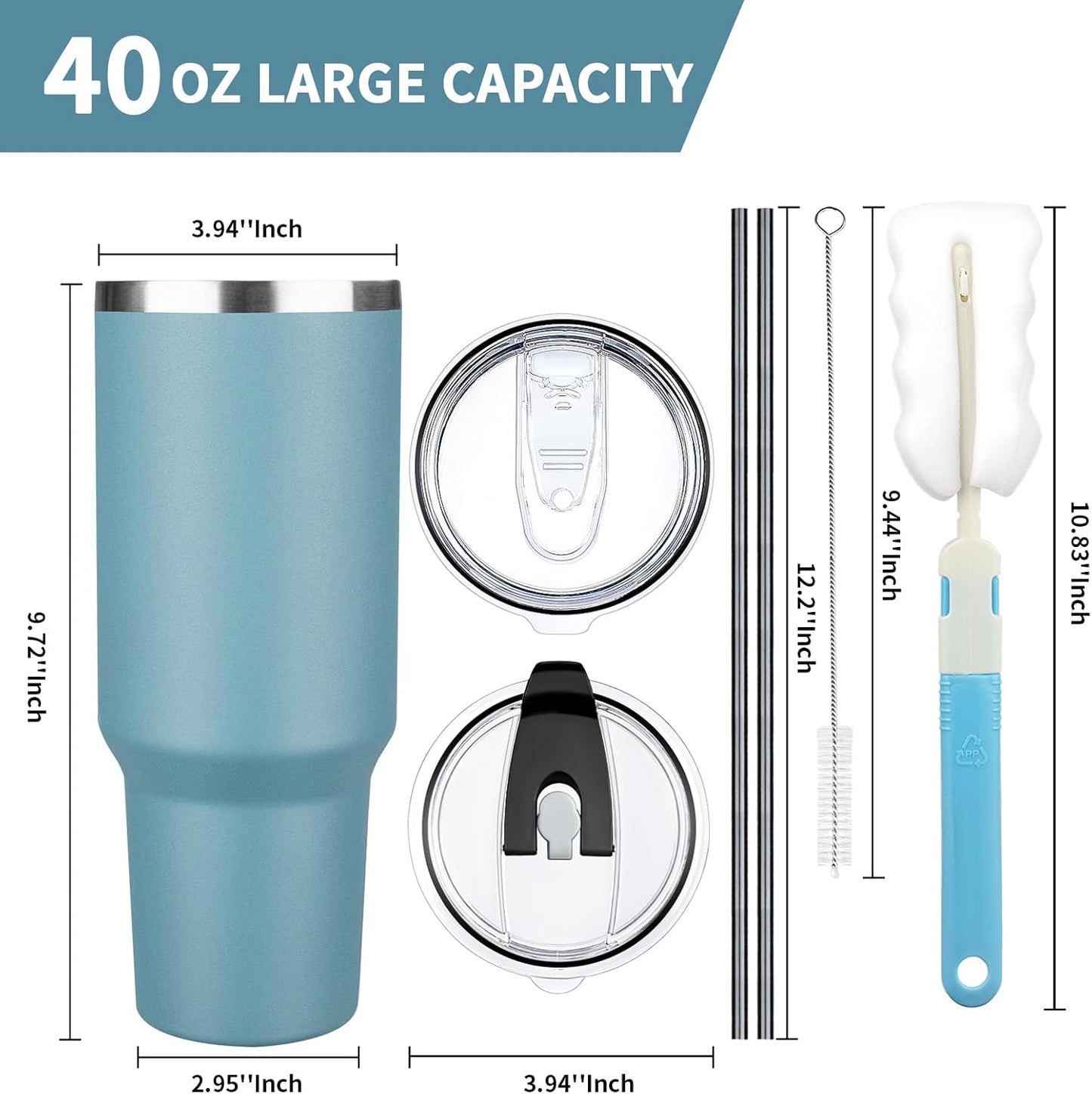 40 oz Tumbler with Lids and Straws, Stainless Steel Insulated Coffee Tumbler, Double Wall Vacuum Insulated Travel Mug Cup, Leakproof Thermal Coffee Cup for Hot and Cold Drinks (azure blue)