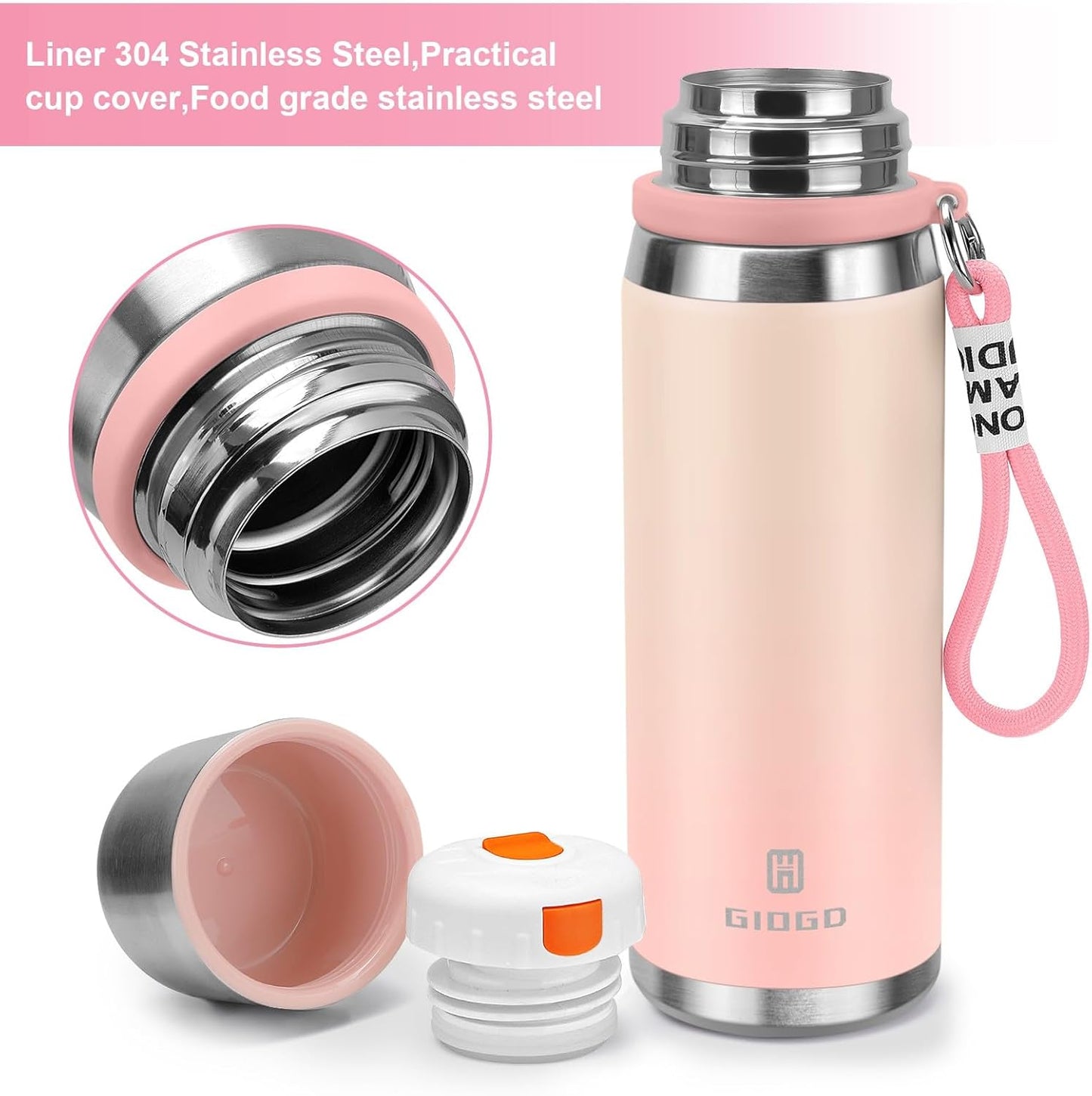 Stainless Steel thermo Bottles with cup 700ml/23.7oz Vacuum Insulated Bottle for hot and cold coffee drink water thermo flask with cup.(Gradient Pink,700ml)