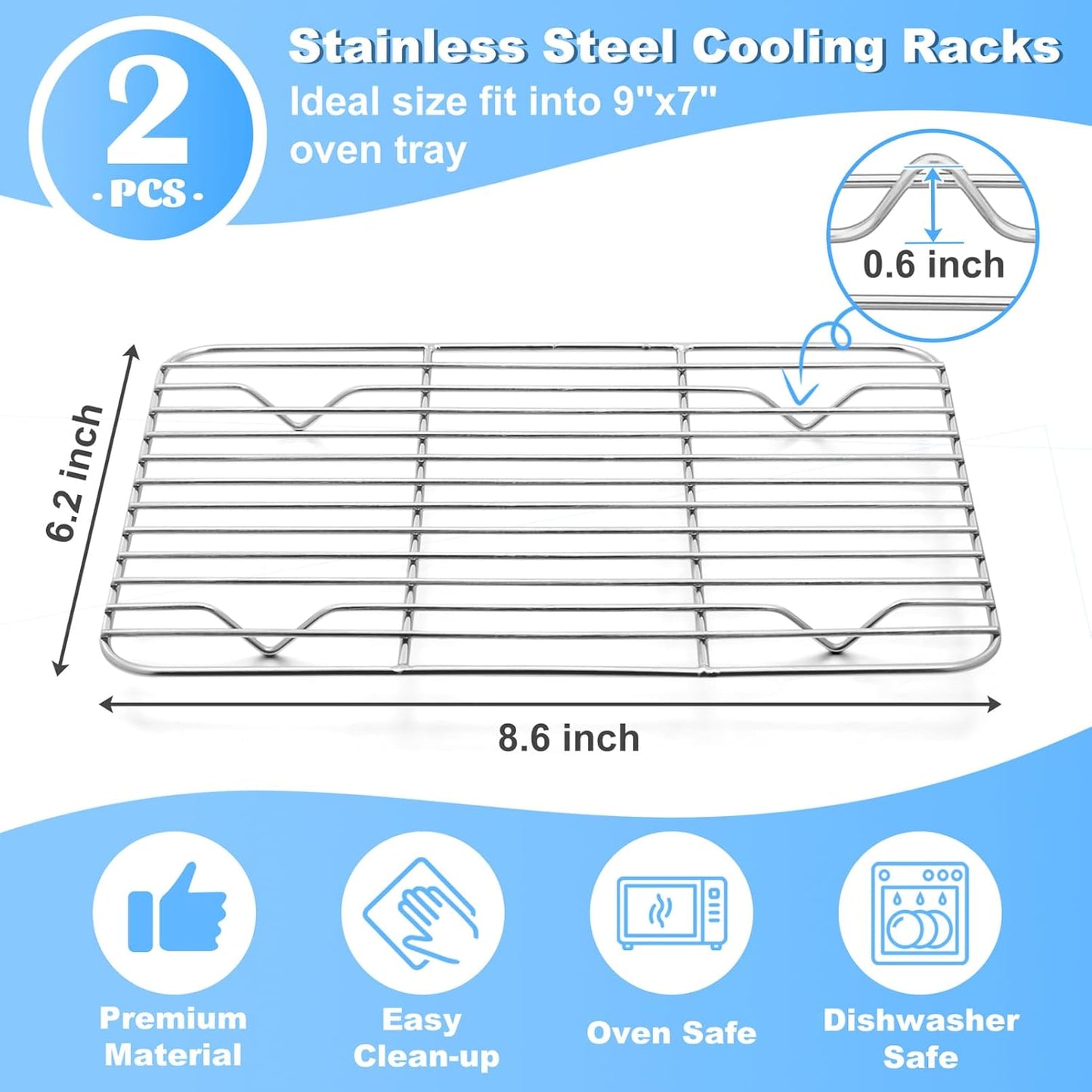 P&P CHEF Cooling Baking Rack Pack of 2, Stainless Steel Cooling Racks for Cooking Baking Roasting Grilling Drying, Dense Wires & Smooth Edge, Easy to clean, Silver, 8.6" x 6.2"
