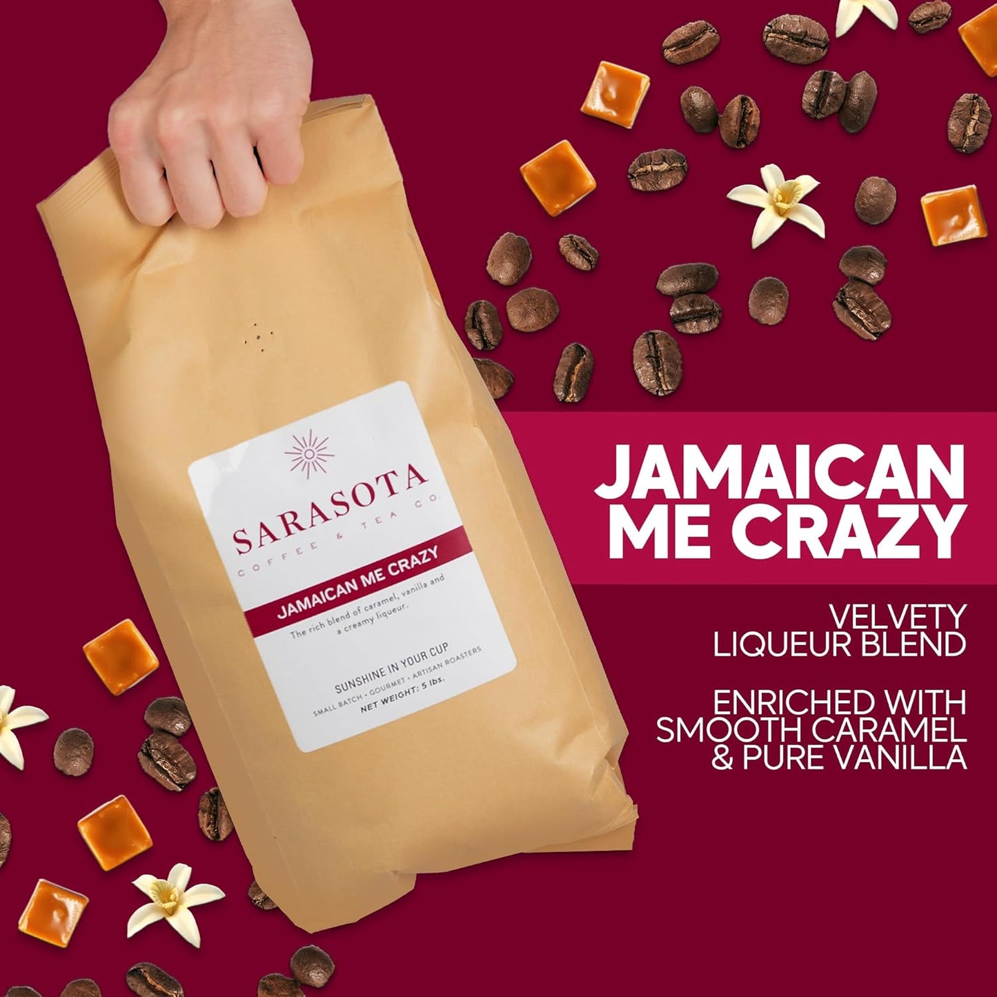 Sarasota Coffee Whole Bean Jamaican Me Crazy | Medium Roast Gourmet Flavored Coffee Beans | Low Acid, Mold Free, Specialty Grade Bulk Beans | 5lb (80 oz)