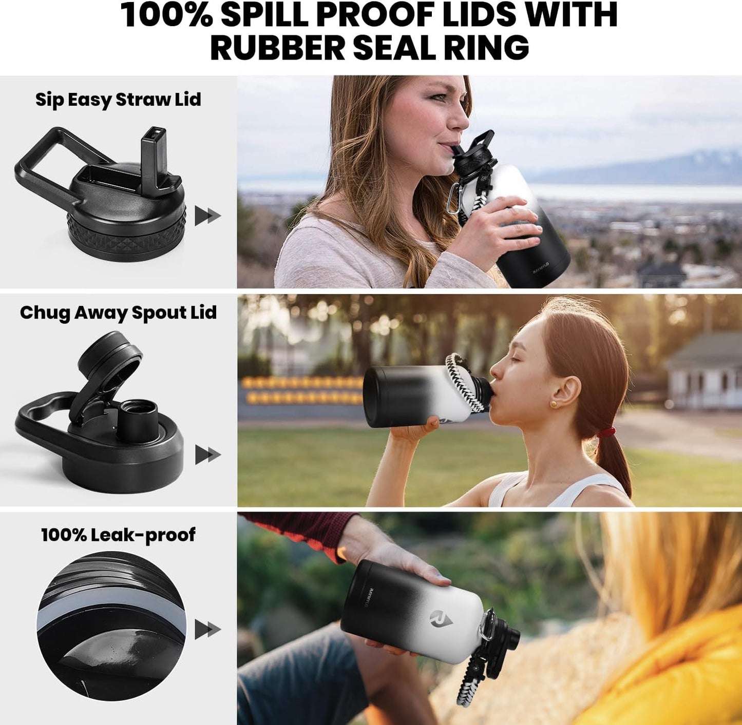 Insulated Water Bottle 64 oz, Triple Wall Vacuum Stainless Steel (Cold for 48 Hrs), Leak Proof & Non-BPA, Half Gallon Water Flask Jug with Paracord Handle & Straw Spout Lids, White/Black