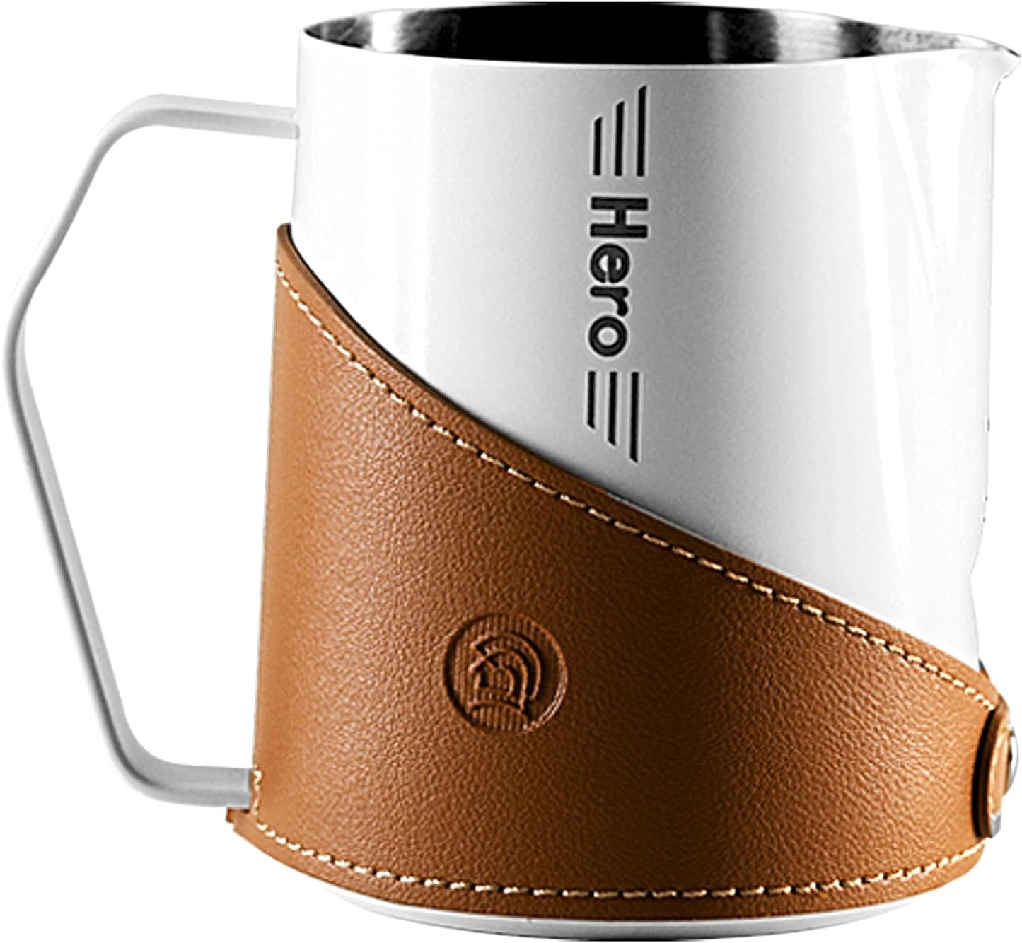 Milk Frothing Pitcher 450ml/16oz 304 Stainless Steel Espresso Steaming Pitcher with PU Leather, Milk Frothing Jug,milk frother cup,Milk Jug Cup,Premium Barista Tools,Latte Art (WHITE,20oz)
