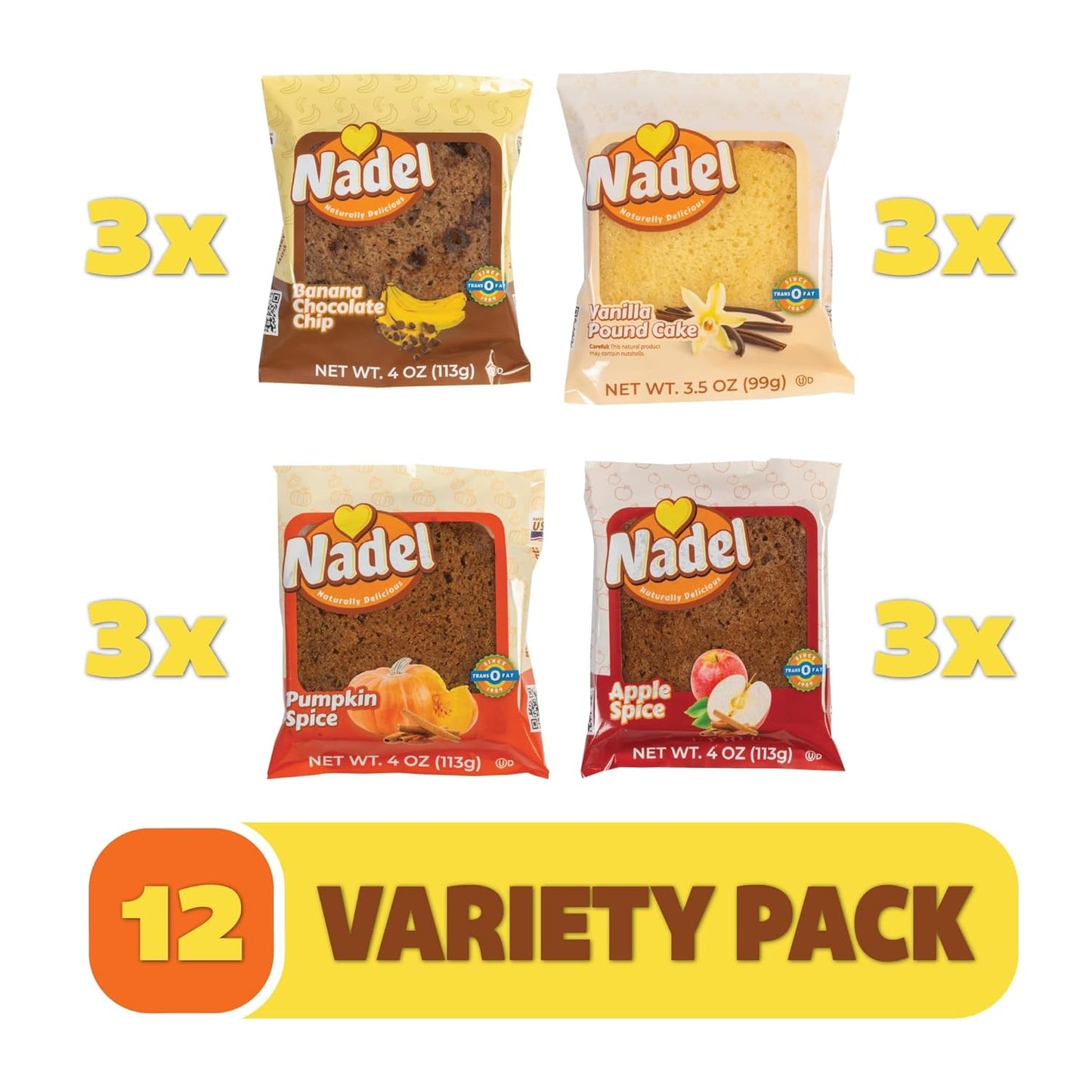 Nadel - Naturally Delicious Sweet Breads Variety Pack (Banana Chocolate Chip, Vanilla Pound Cake, Apple Spice, Pumpkin Spice). (12 Pack, 3 Breads Per Flavor)