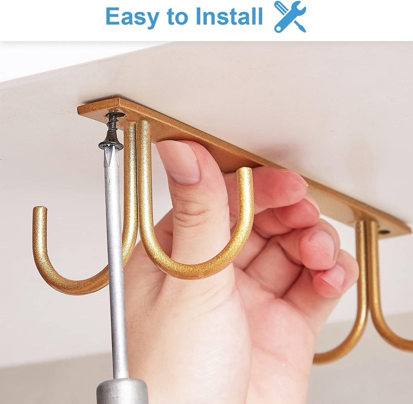 Mug Rack Under Cabinet - Coffee Cup Holder, 12 Mugs Hooks Under Shelf, Display Hanging Cups Drying Hook for Bar Kitchen Utensils Gold