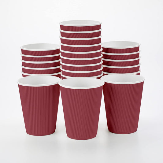 Restaurantware 12 Ounce Ripple Wall Disposable Coffee Cups, 500 Insulated Crimson Paper Tumblers with Rolled Rim Design, Lids Sold Separately for Hot Drinks like Tea, Hot Chocolate and More