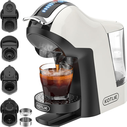 KOTLIE 5in1 19Bar Multicapsule Espresso Coffee Machine, Cold&Hot Brewing Single-Serve Coffee Maker, Cappuccino&Latte Maker for Kcup/Dolce Gusto/Nespresso Original/GroundCoffee/44mm ESE EM-308A (White)
