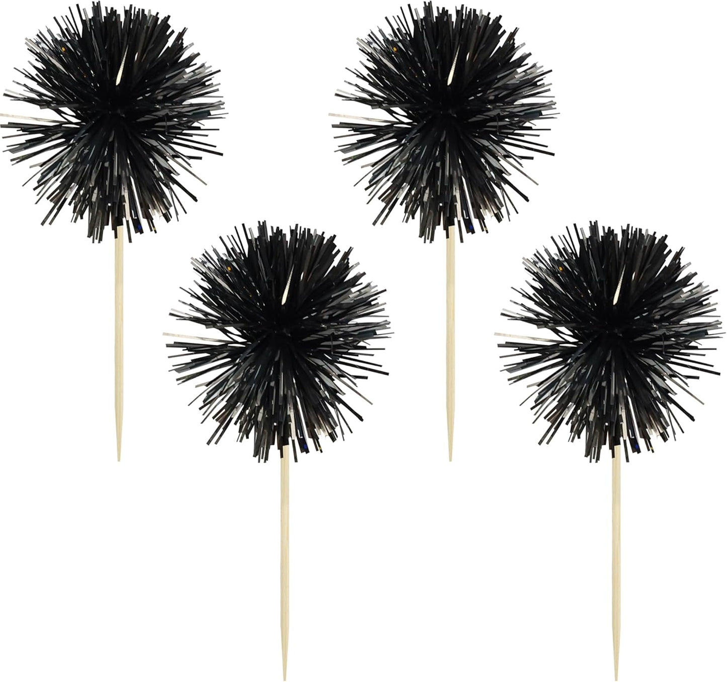 Gyufise 30Pcs Foil Firework Cupcake Toppers Sparkle Tinsel Cake Toppers Tinsel Drink Cake Decoration Cocktail Picks for Birthday Wedding Graduation Party Supplies Black
