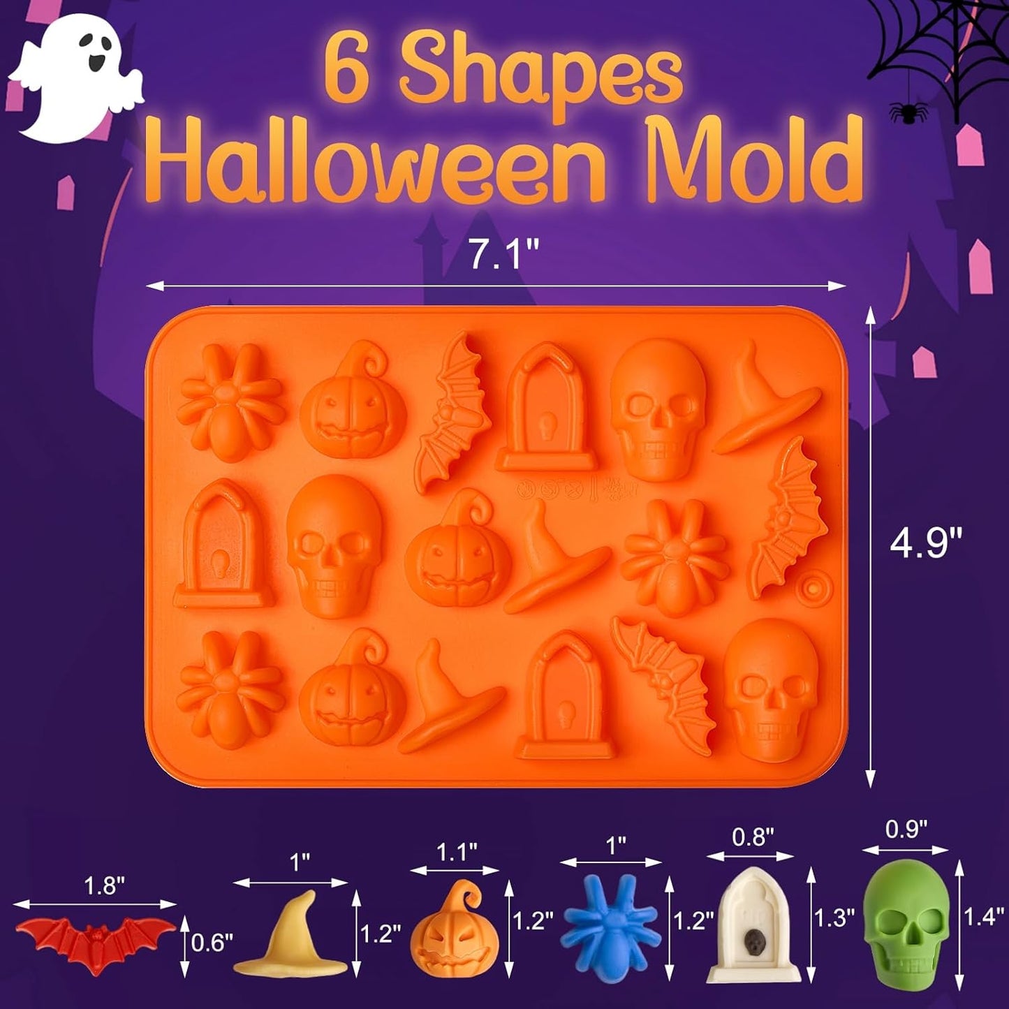 JOERSH Halloween Chocolate Silicone Molds, 4PCS Skull Pumpkin Witch Hat Bat Spider Tombstone Shaped Candy Mold Non Stick Baking Pan for DIY Chocolate, Fondant, Cake Decorating