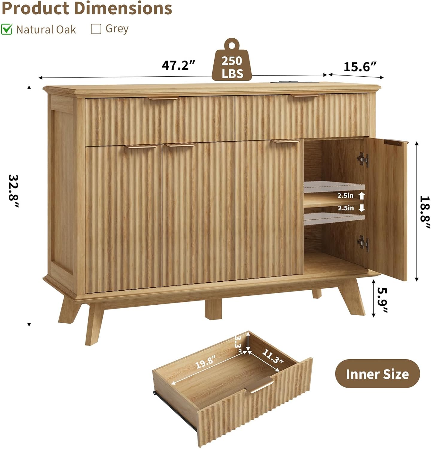 QUW Fluted Buffet Sideboard Cabinet with Storage, 47.2" Kitchen Cabinet with Drawers and Adjustable Shelves, Modern Coffee Bar with Charging Station, for Dining Room, Living Room, Natural Oak