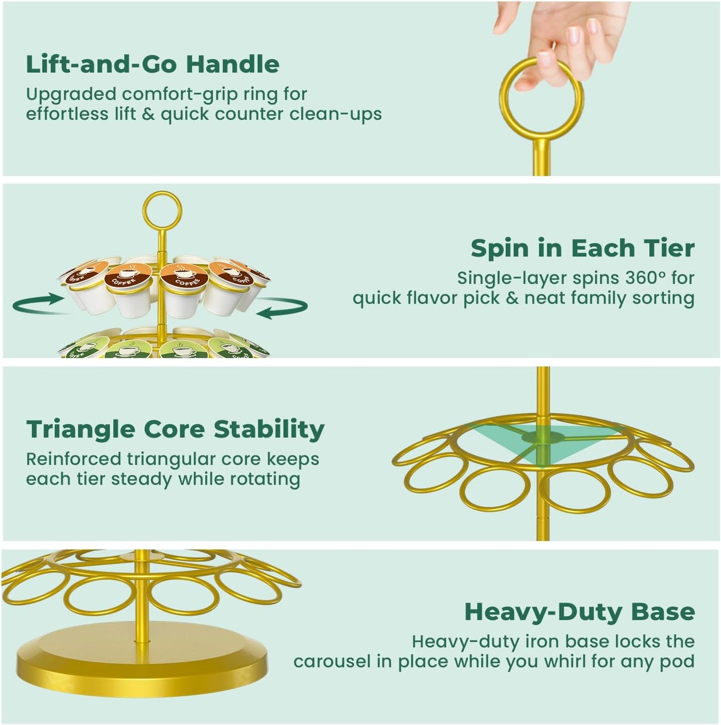 EsLuker.ly K Cup Holder Coffee Pod Organizer Carousel for Counter, Metal Storage Rack Stand for Kitchen, Rotatable 4 Tier Pod Tower Tree for 40 K Cups, Space Saving Meets Elegance, Gold