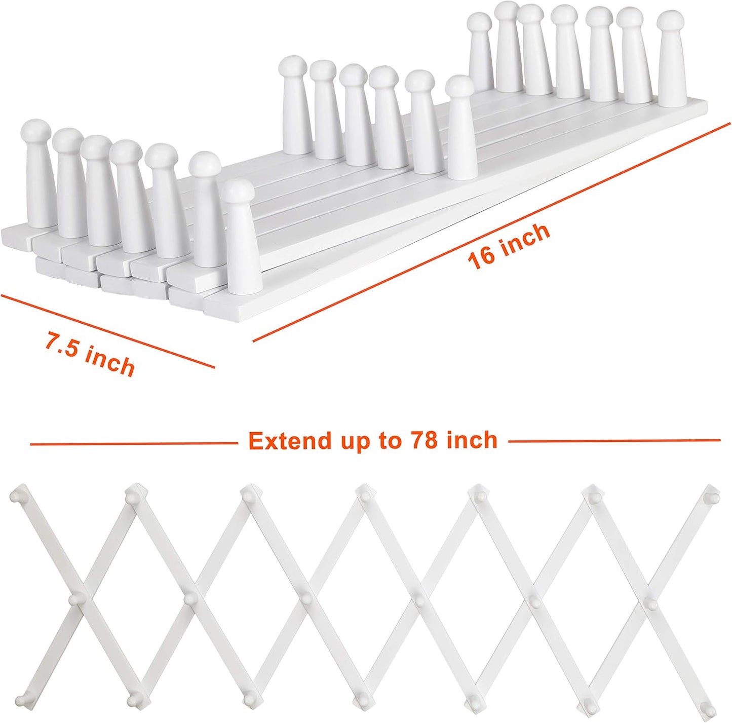 Dseap Accordian Wall Hanger: Wooden Coat Rack Wall Mounted, Hat Racks for Baseball Caps, Mug Rack, 20 Peg Hooks, White