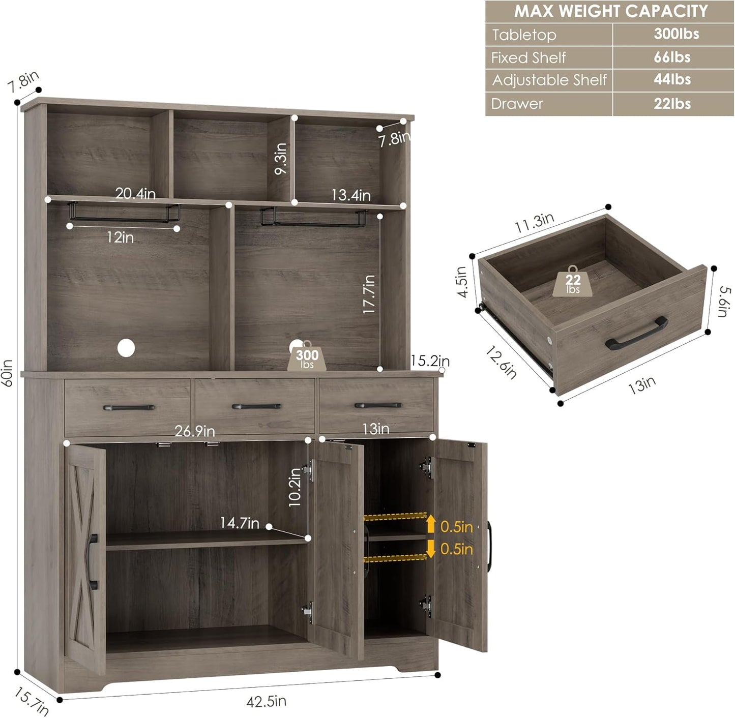 HOSTACK Buffet Cabinet with Hutch, Modern Farmhouse Kitchen Buffet Sideboard Storage with 3 Drawers, Barn Door Coffee Bar Station, Liquor Cabinet for Dining Room, Living Room, Ash Grey