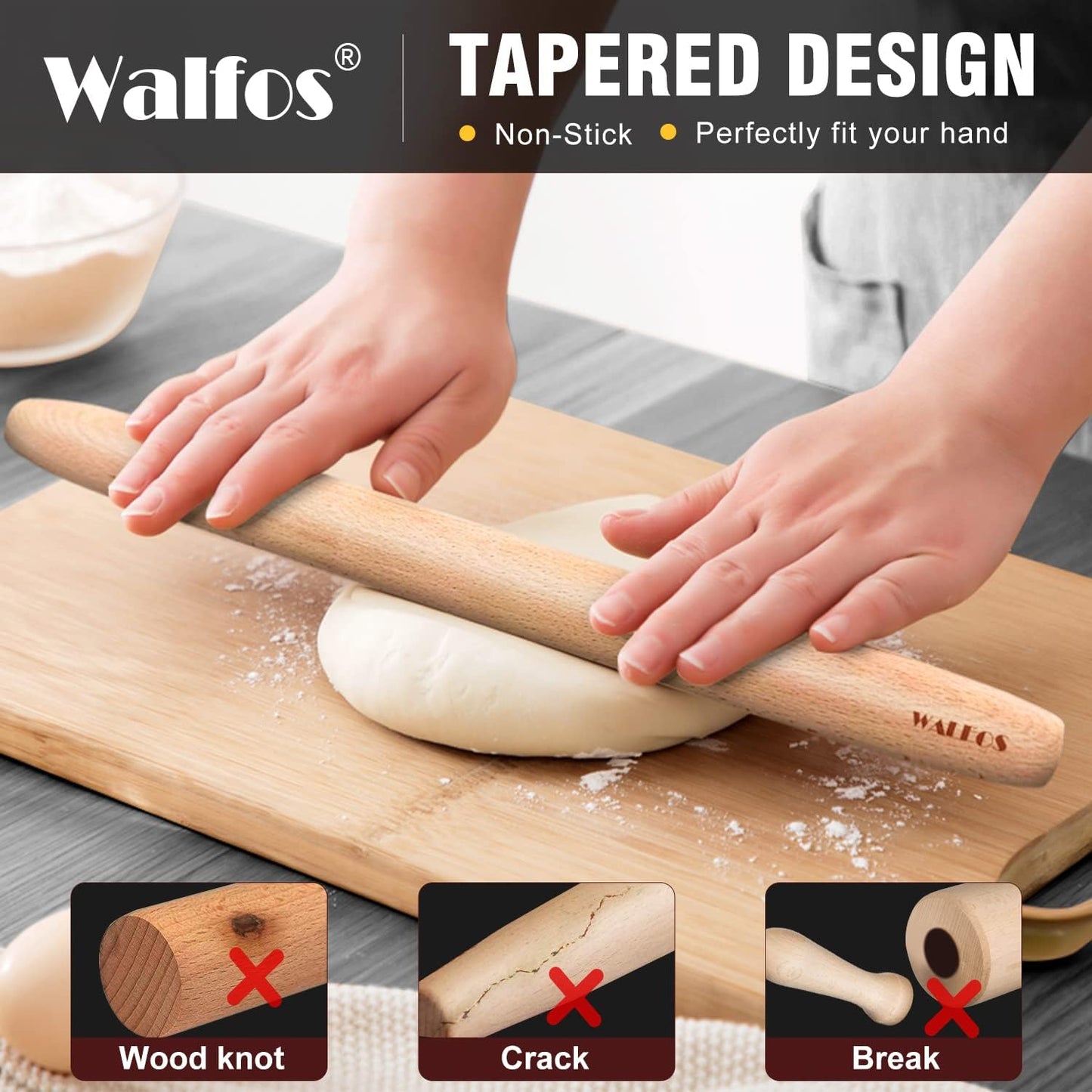 WALFOS French Rolling Pin for Baking, Tapered Design Natural Beech Wood Rolling Pins, Essential Kitchen Dough Roller for Fondant, Pizza, Pie, Cookie and Pastry