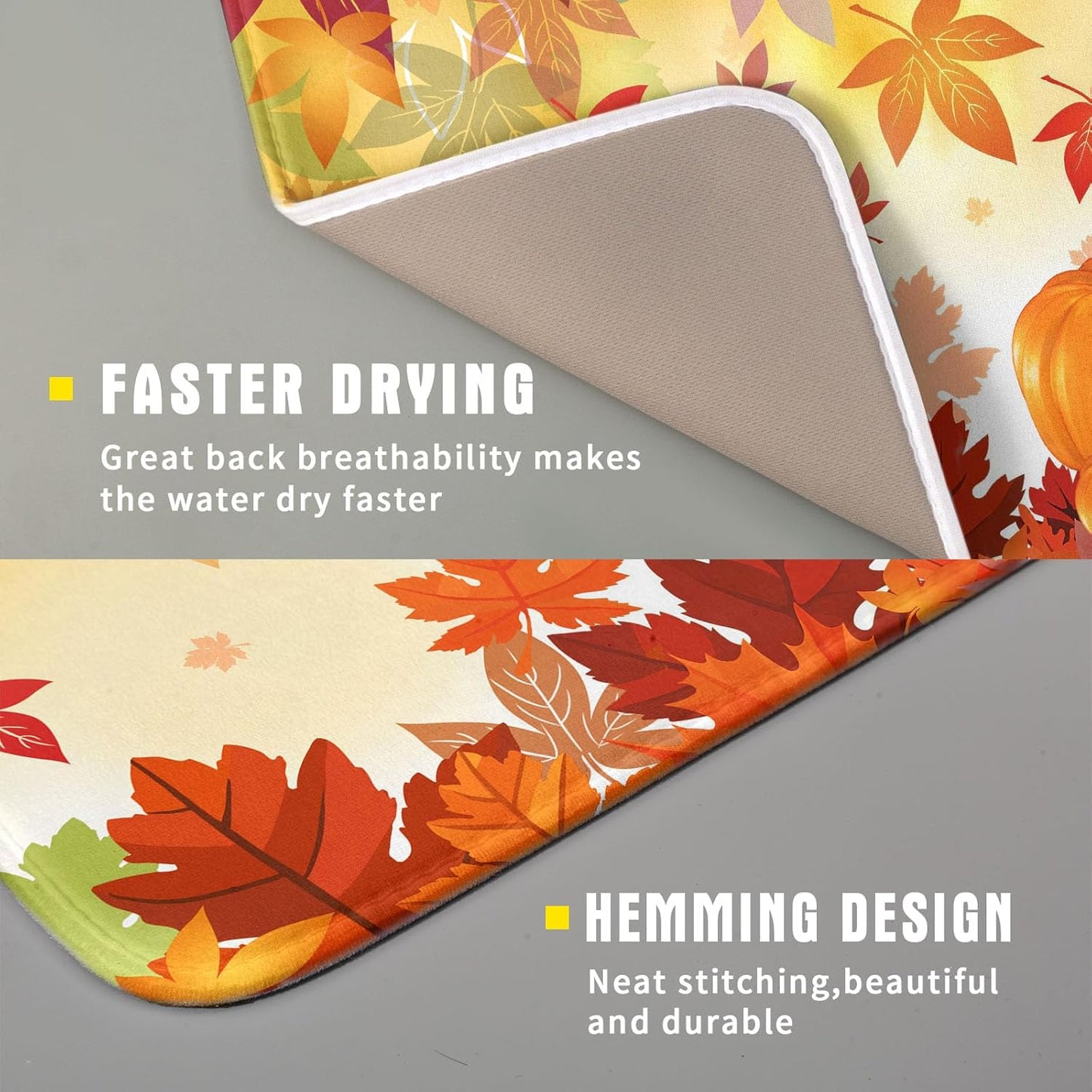 Autumn Fall Dish Drying Mat for Kitchen Counter Pumpkin Maple Leaves Drying Mat 16 x 18 Inch with Absorbent Reversible Microfiber Dish Drying Pad Dish Rack Drainer Mat for Coffee Bar