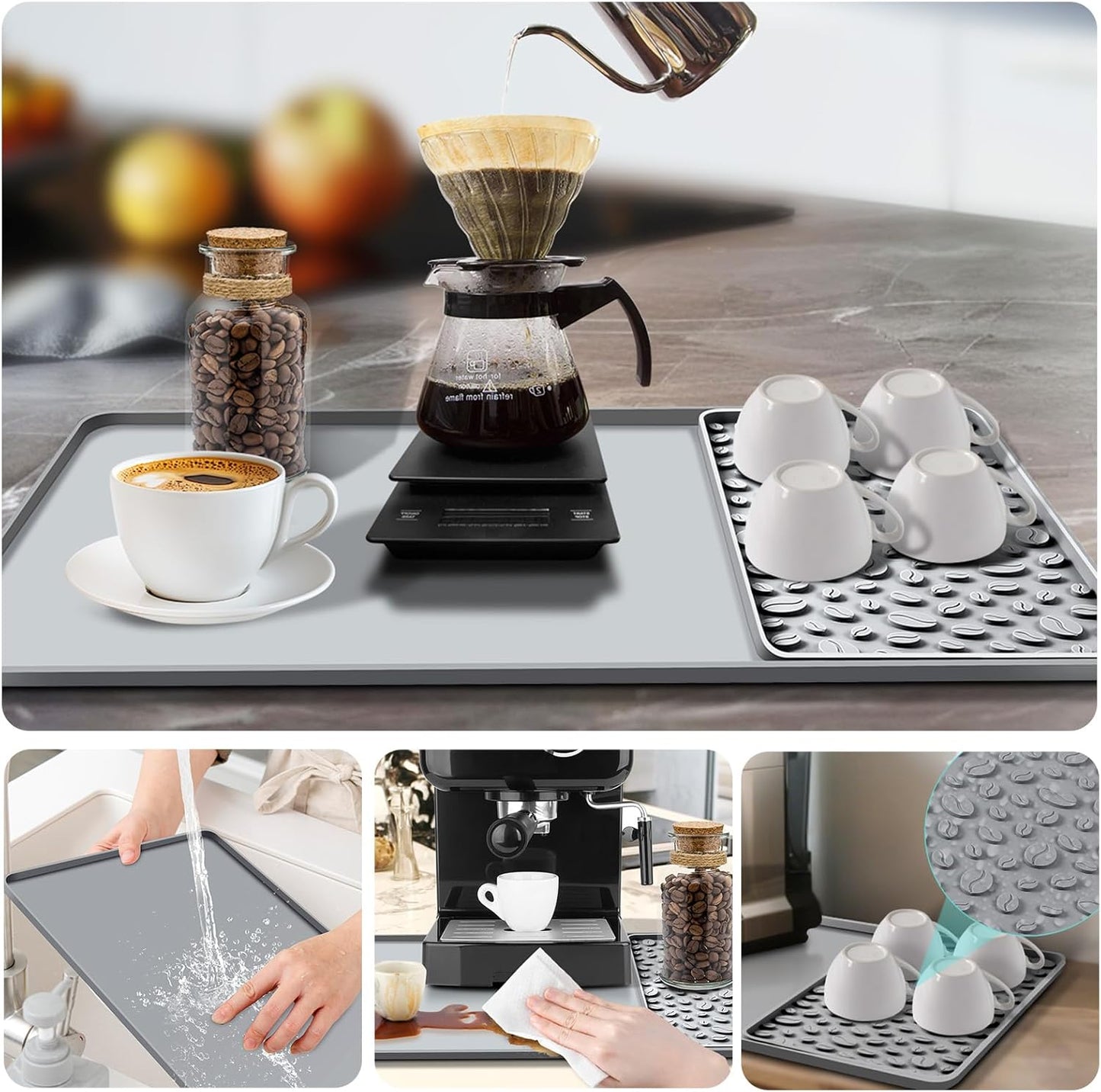 Silicone Coffee Bar Mat 24''x16'' Non-Slip Coffee Maker Mat, Heat-resistant Silicone Mat Detachable Dish Drying Mats for Kitchen Countertops, Waterproof Under Pad (Grey, 24''x16'')