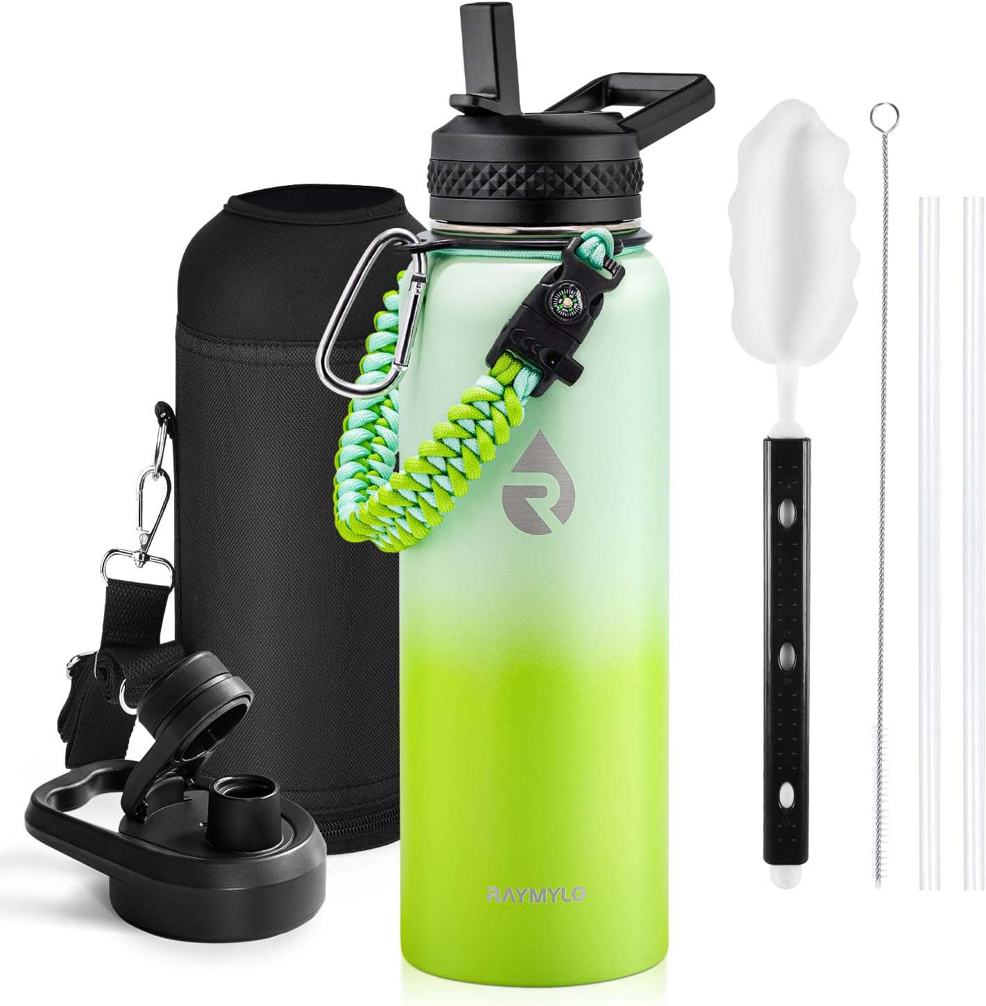 Insulated Water Bottle 40 oz, Triple Wall Vacuum Stainless Steel (Cold for 48 Hrs), Leak Proof & Non-BPA, Modern Water Flask Jug with Paracord Handle & Straw Spout Lids, Ombre Green