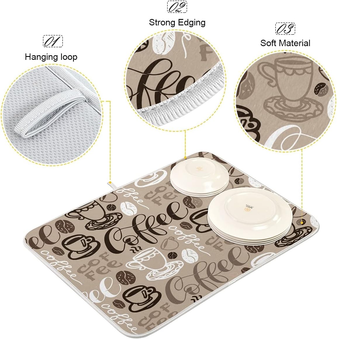 Brown Coffee Dish Drying Mat - 18 x 24 Inch, High Absorbent Reversible Microfiber Coffee Bean Dish Rack Pad