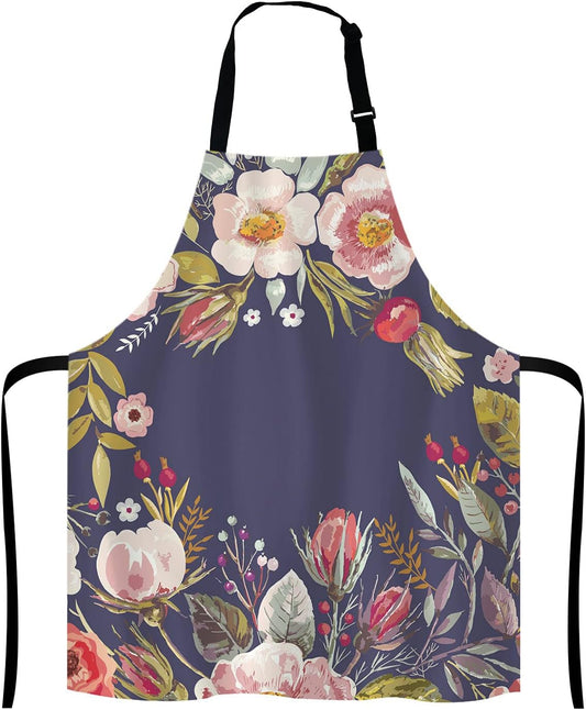 Vintage background with hand drawn floral wreath Adjustable Bib Apron, Romantic Flowers Cooking Kitchen Apron for Men Women