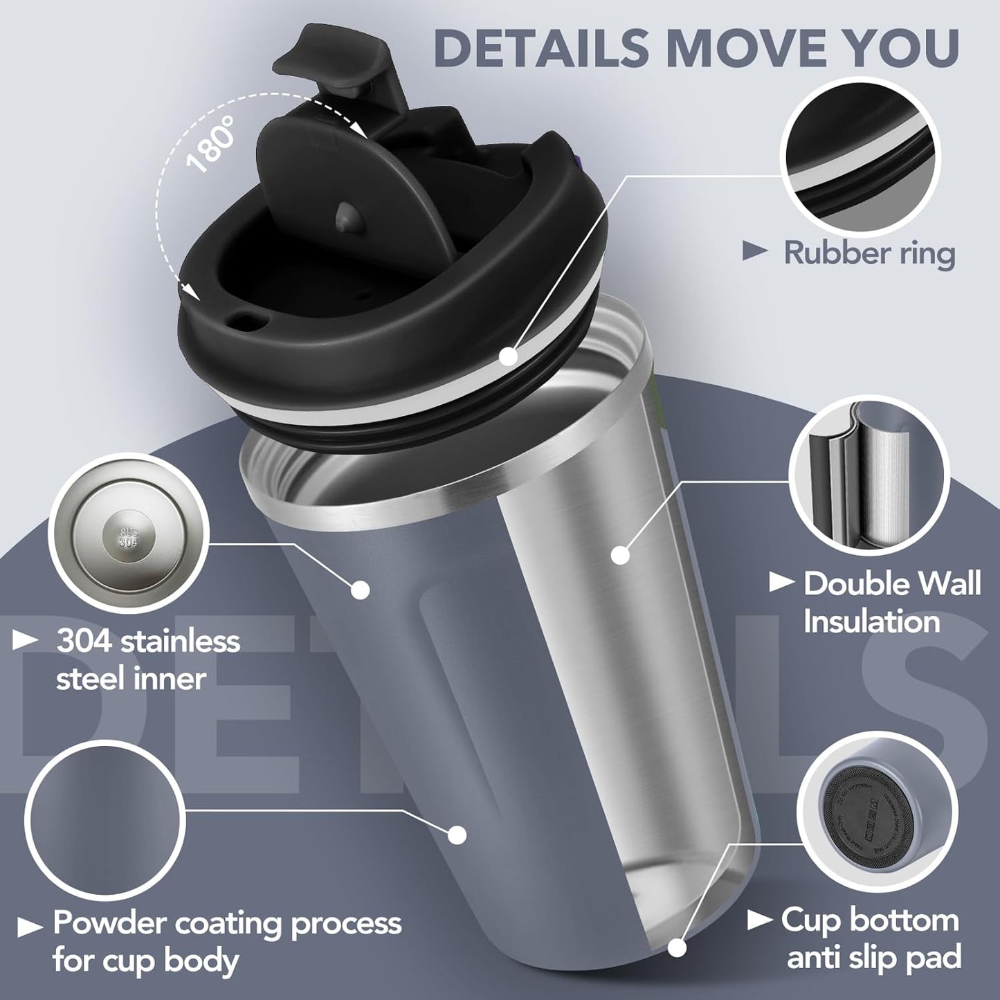 Volhoply 12 oz Double Wall Insulated Vacuum Travel Coffee Mug with Flip Lid Bulk 4 Pack,Reusable Stainless Steel Leak Proof Coffee Cups,Portable Cafe Thermal Tumbler for Hot & Cold Drinks(Gray,4 Set)