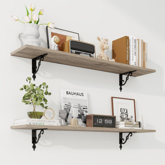 RICHFOCUS Floating Shelves for Wall Decor, 39.4W x 8D Wall Shelves Set of 2, 8 Inch Deep Rustic Wood Shelves Wall Mounted with Brackets, Long Floating Shelves for Living Room Bedroom Kitchen, Grey