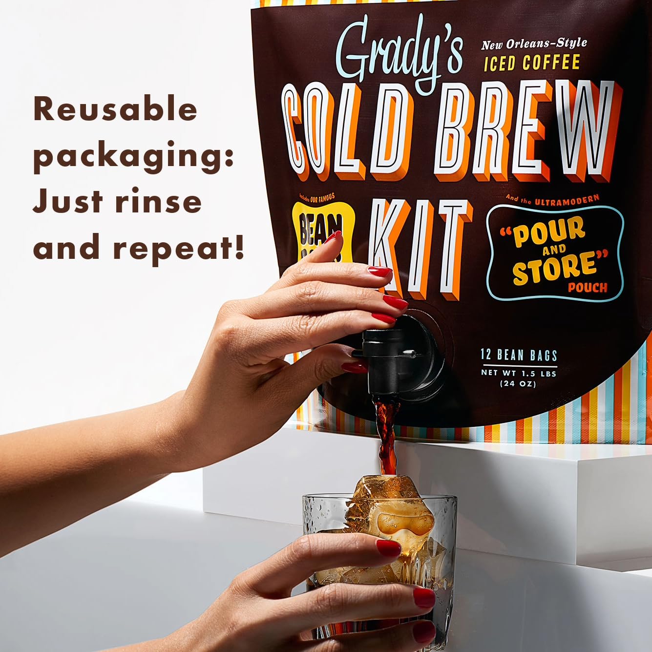GRADY’S COLD BREW, New Orleans Style, 100% Arabica Ground Coffee & Chicory Pouches, All-in-One Cold Brew Kit with 12 Easy-to-Brew Beans Bags, Makes 36 drinks