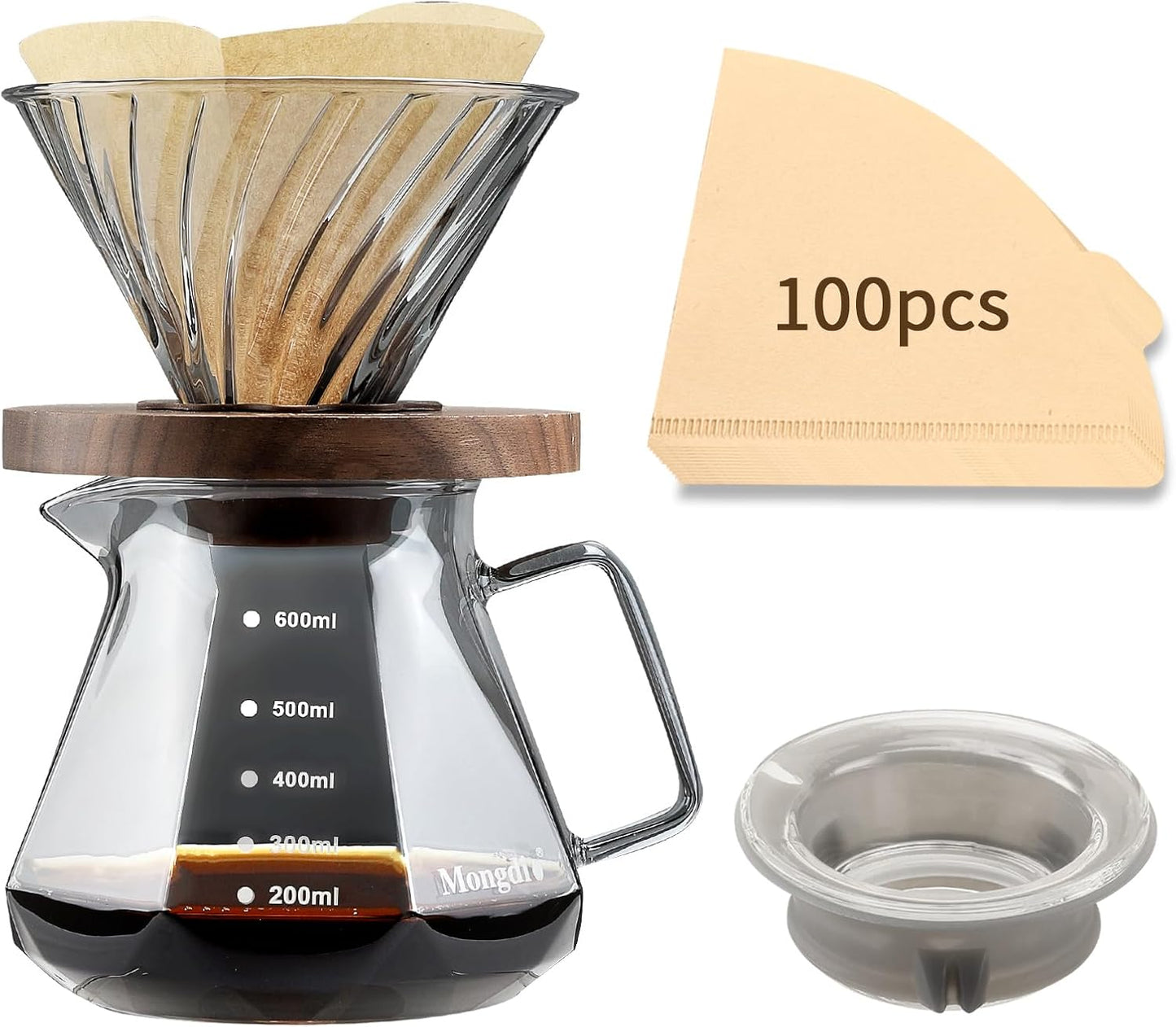 Mongdio Pour Over Coffee Maker, 20 oz High-Heat Borosilicate Glass Coffee Maker with 100pcs V60 Paper Filters, Walnut Handle & Glass Lid, Drip Coffee Maker Set for Home Café Restaurant - 600ml, Gray